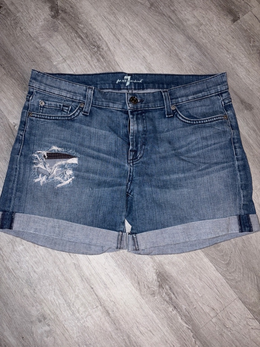7 For All Mankind Distressed Cuffed Denim Shorts - Blue